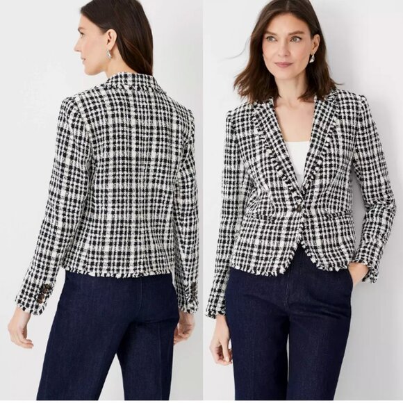 NWT ANN TAYLOR Tweed Newbury Blazer Black White Combo Size 16P - Picture 1 of 11
